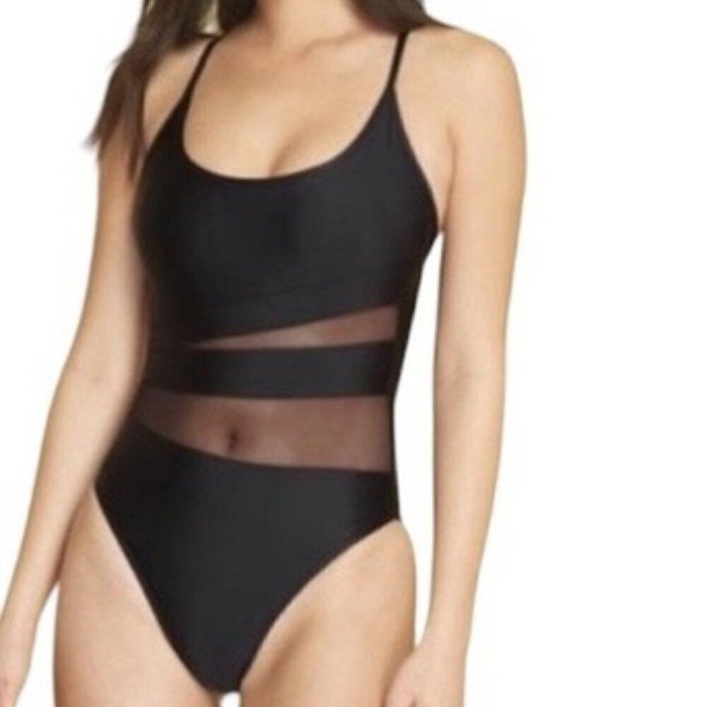 Summersalt The Causeway Black Mesh Panel Open Back One Piece Swimsuit Size 14